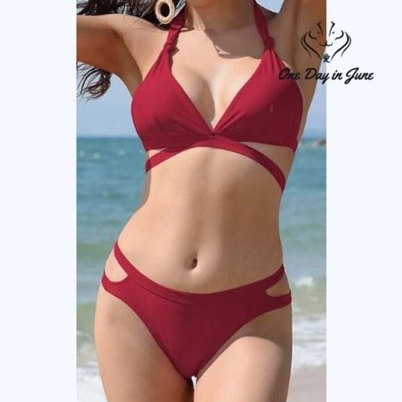 Shekini Halter Criss Cross Cut Out Bikini Swimsuit Size XL - Picture 1 of 6